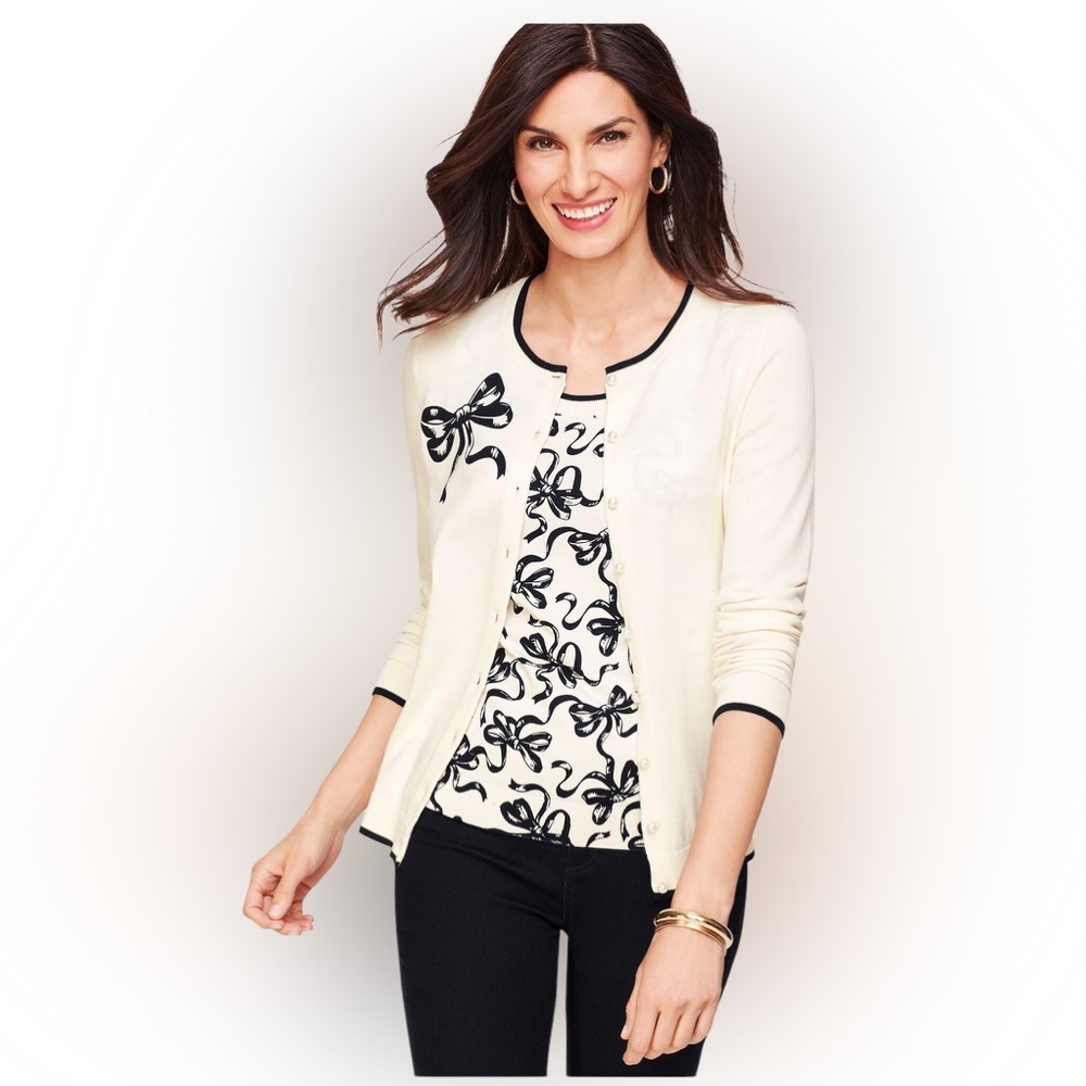Talbots Charming Cardigan with Black Bow Size Petite